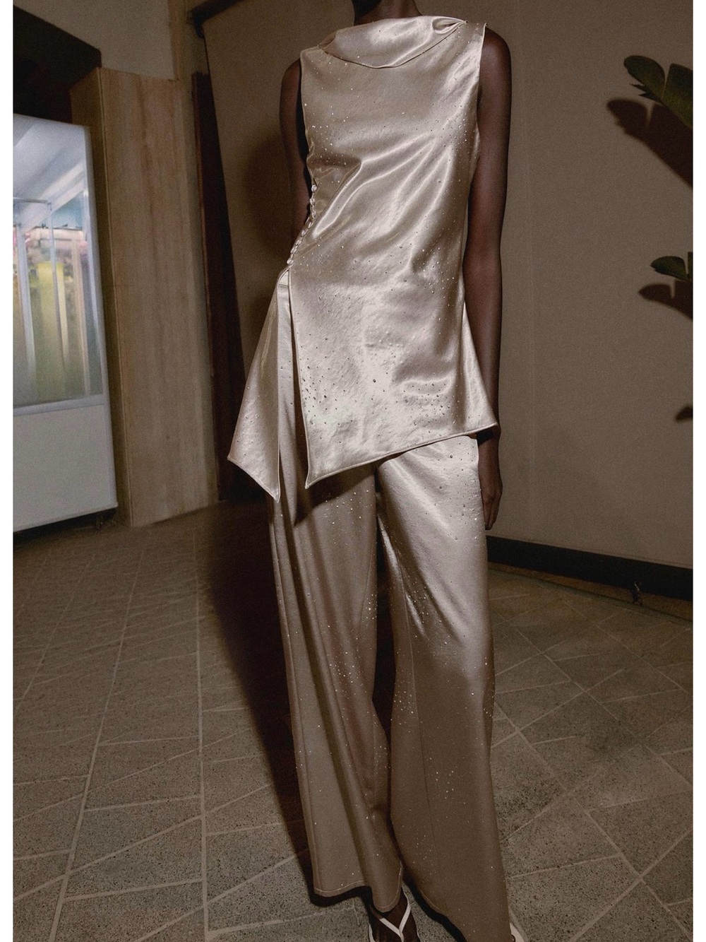 Zara Champagne Satin Asymmetric Top & Wide-Leg Pants